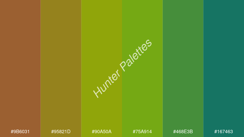 alma zöld szín palettája a következőkkel: #9b6031 #95821d #90a50a #75a914 #468e3b #167463