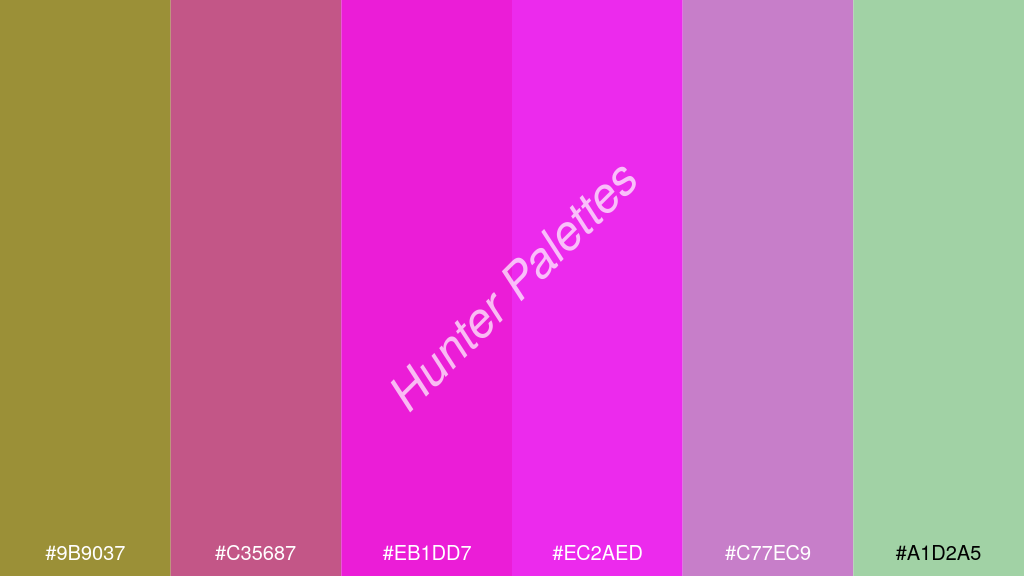 magenta szín palettája a következőkkel: #9b9037 #c35687 #eb1dd7 #ec2aed #c77ec9 #a1d2a5