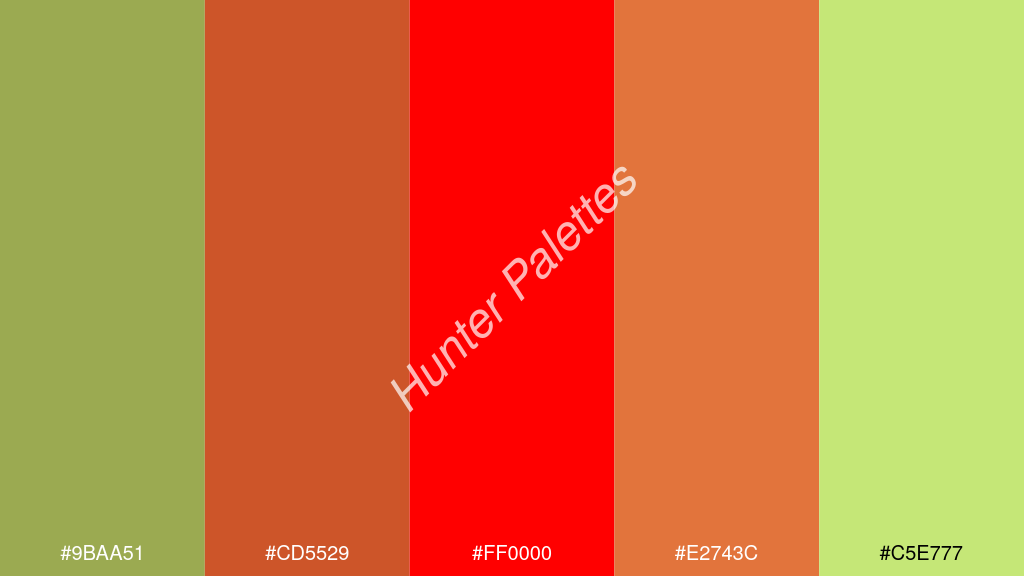 vörös szín palettája a következőkkel: #9baa51 #cd5529 #ff0000 #e2743c #c5e777