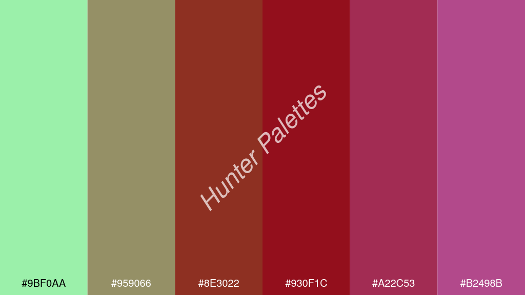 sötétvörös szín palettája a következőkkel: #9bf0aa #959066 #8e3022 #930f1c #a22c53 #b2498b