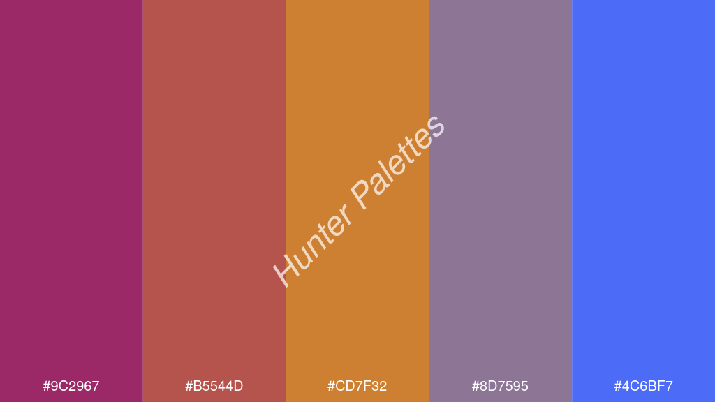 bronz szín palettája a következőkkel: #9c2967 #b5544d #cd7f32 #8d7595 #4c6bf7