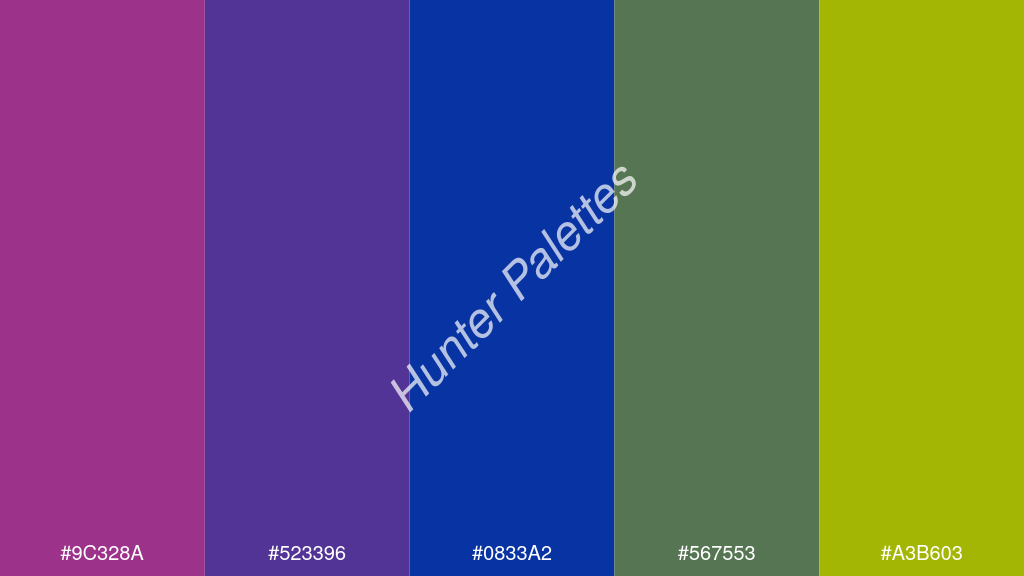 királykék szín palettája a következőkkel: #9c328a #523396 #0833a2 #567553 #a3b603