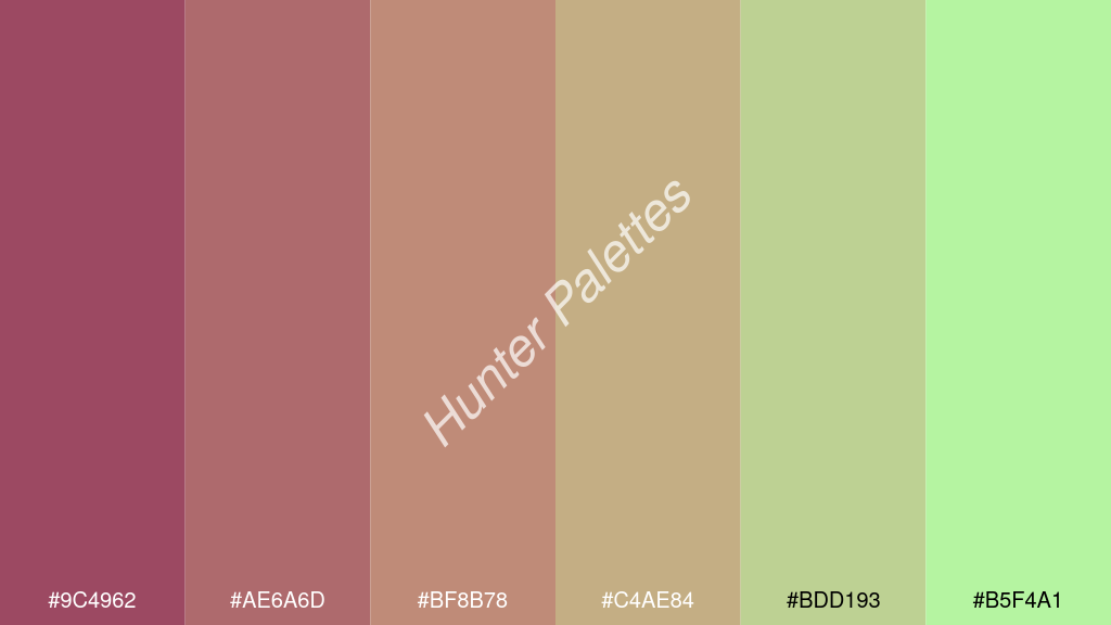 terracotta szín palettája a következőkkel: #9c4962 #ae6a6d #bf8b78 #c4ae84 #bdd193 #b5f4a1