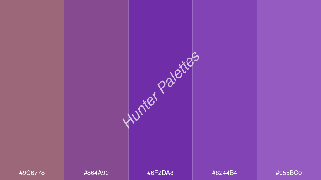 szőlő szín palettája a következőkkel: #9c6778 #864a90 #6f2da8 #8244b4 #955bc0