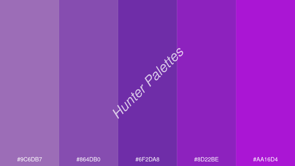 szőlő szín palettája a következőkkel: #9c6db7 #864db0 #6f2da8 #8d22be #aa16d4