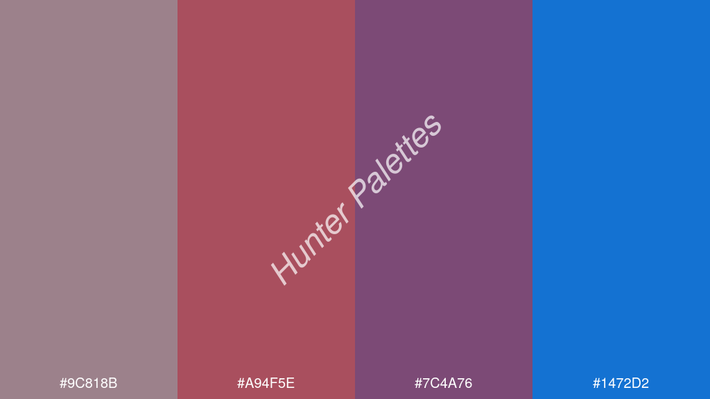 gránát szín palettája a következőkkel: #9c818b #a94f5e #7c4a76 #1472d2