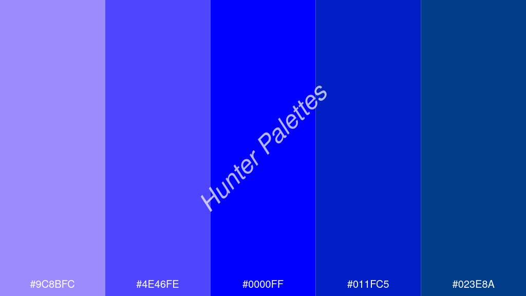kék szín palettája a következőkkel: #9c8bfc #4e46fe #0000ff #011fc5 #023e8a