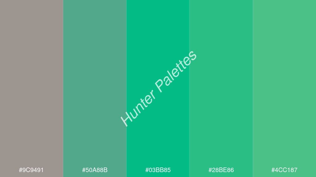 akvamarinzöld szín palettája a következőkkel: #9c9491 #50a88b #03bb85 #28be86 #4cc187