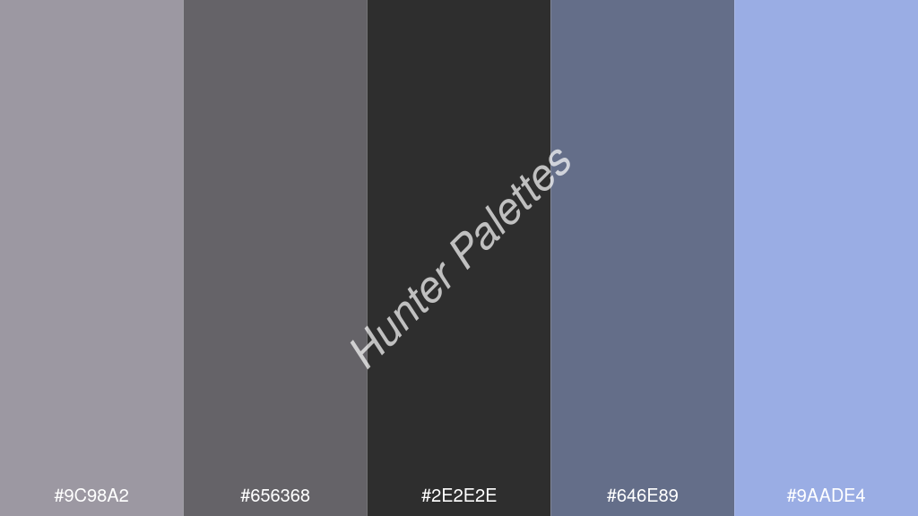 sötét szürke szín palettája a következőkkel: #9c98a2 #656368 #2e2e2e #646e89 #9aade4