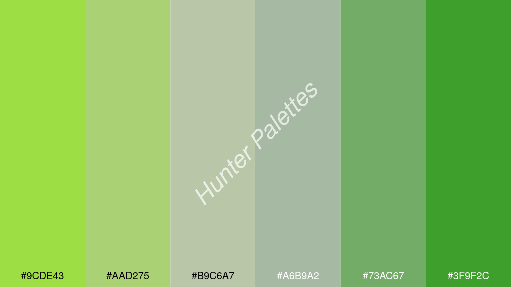 ezüstszürke szín palettája a következőkkel: #9cde43 #aad275 #b9c6a7 #a6b9a2 #73ac67 #3f9f2c