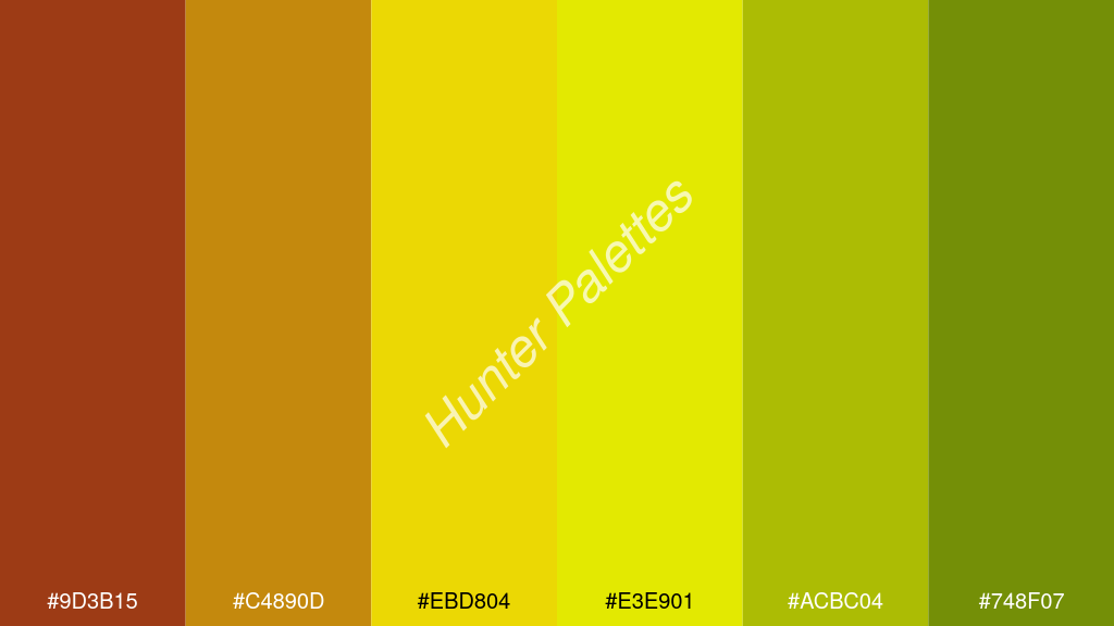 sárga szín palettája a következőkkel: #9d3b15 #c4890d #ebd804 #e3e901 #acbc04 #748f07