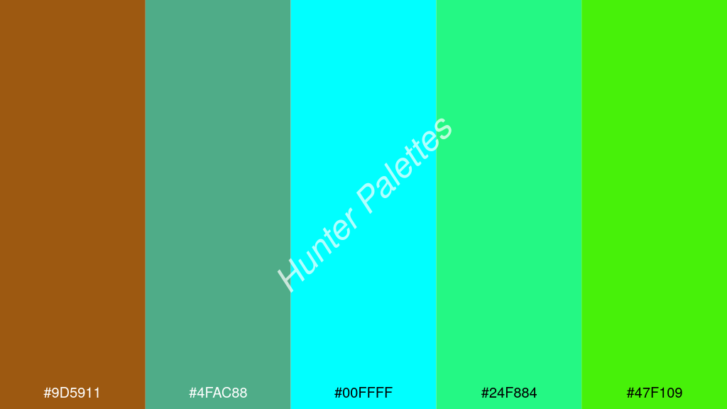 cián szín palettája a következőkkel: #9d5911 #4fac88 #00ffff #24f884 #47f109