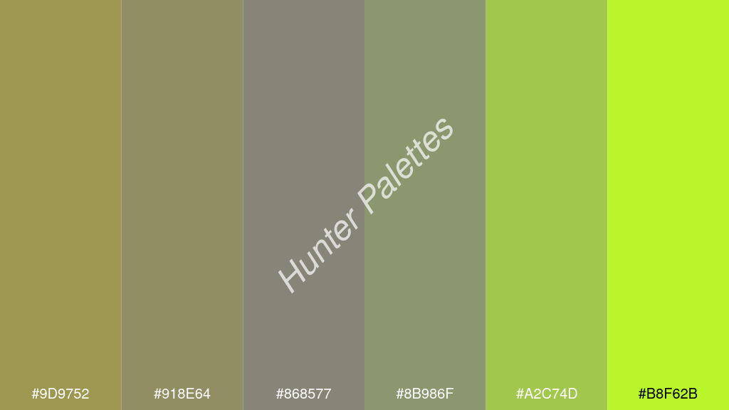 szürke szín palettája a következőkkel: #9d9752 #918e64 #868577 #8b986f #a2c74d #b8f62b
