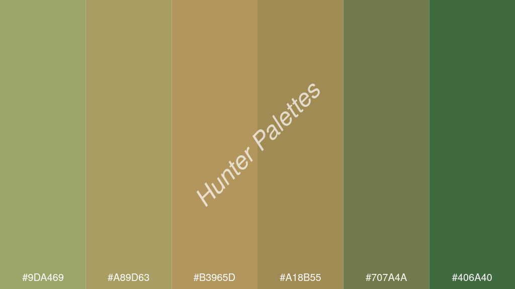 okker szín palettája a következőkkel: #9da469 #a89d63 #b3965d #a18b55 #707a4a #406a40