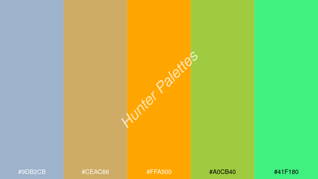 narancssárga szín palettája a következőkkel: #9db2cb #ceac66 #ffa500 #a0cb40 #41f180
