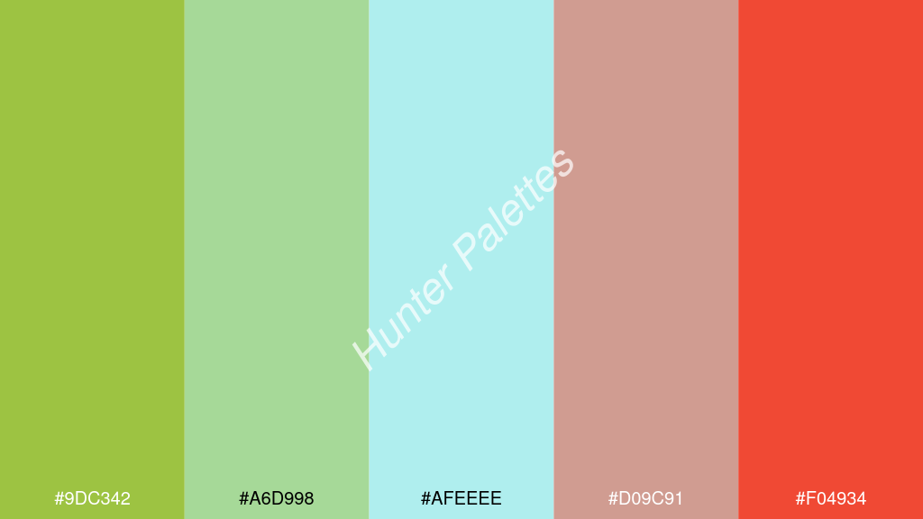 halvány türkiz szín palettája a következőkkel: #9dc342 #a6d998 #afeeee #d09c91 #f04934