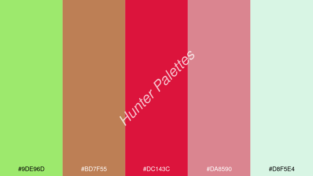 bíbor szín palettája a következőkkel: #9de96d #bd7f55 #dc143c #da8590 #d8f5e4