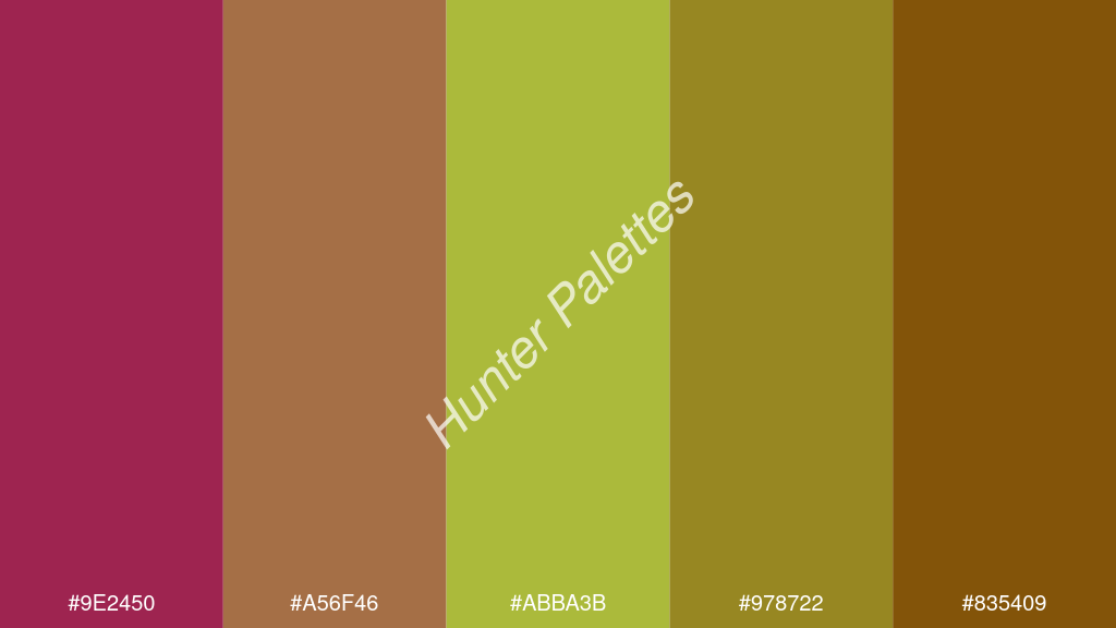 kivi szín palettája a következőkkel: #9e2450 #a56f46 #abba3b #978722 #835409