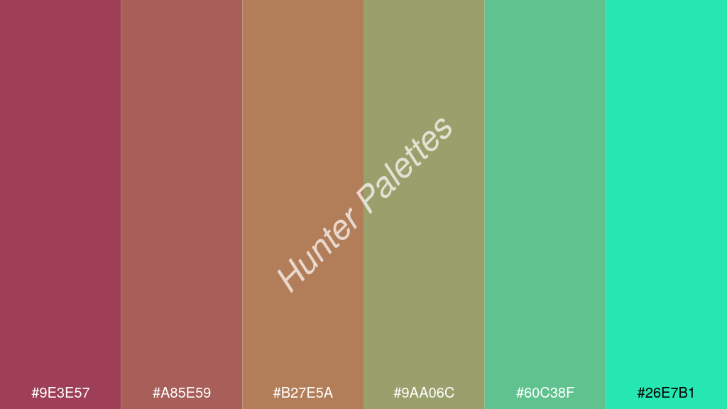 kalua szín palettája a következőkkel: #9e3e57 #a85e59 #b27e5a #9aa06c #60c38f #26e7b1