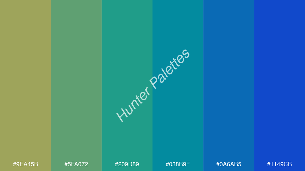 kékzöld szín palettája a következőkkel: #9ea45b #5fa072 #209d89 #038b9f #0a6ab5 #1149cb