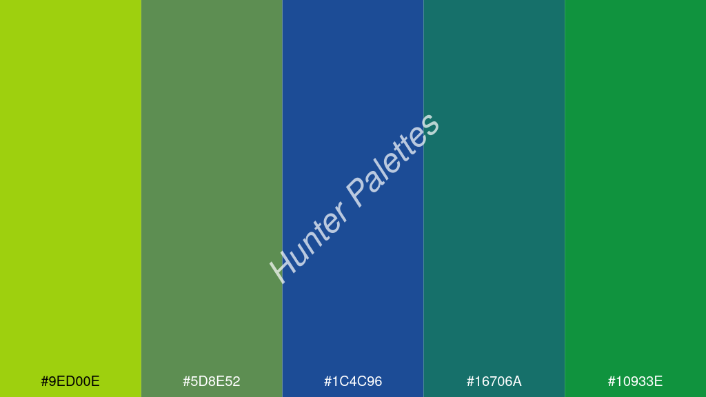 indigókék szín palettája a következőkkel: #9ed00e #5d8e52 #1c4c96 #16706a #10933e