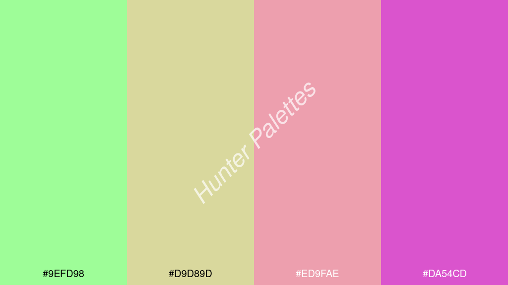 őszibarack szín palettája a következőkkel: #9efd98 #d9d89d #ed9fae #da54cd
