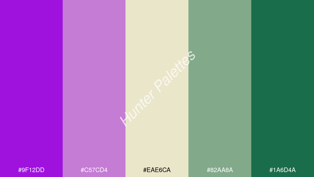 gyöngyház fehér szín palettája a következőkkel: #9f12dd #c57cd4 #eae6ca #82aa8a #1a6d4a
