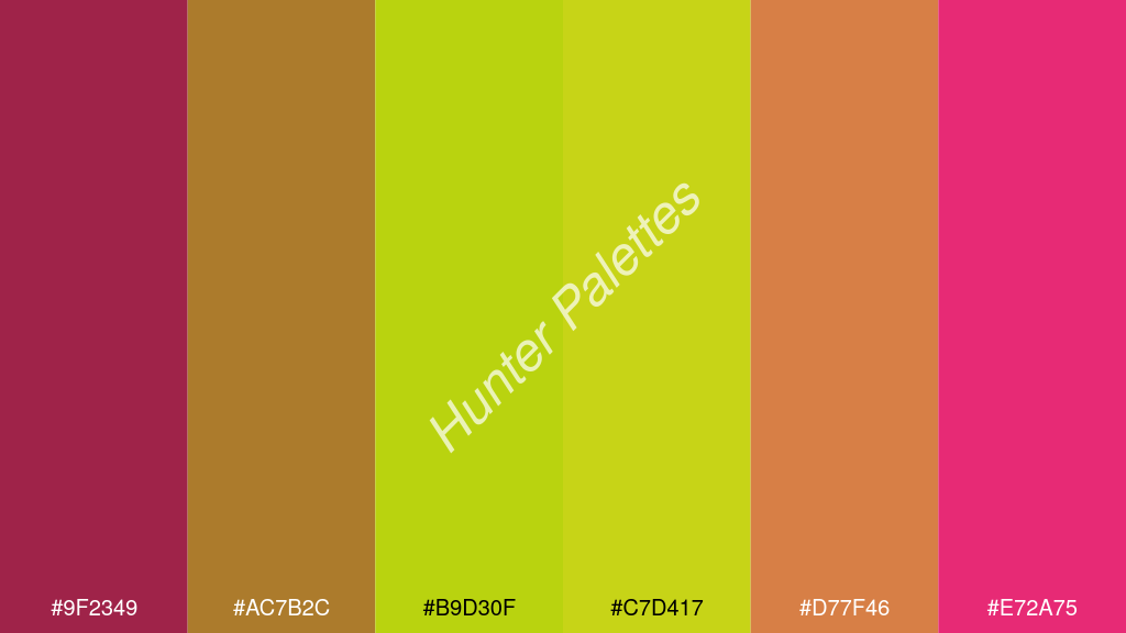 limezöld szín palettája a következőkkel: #9f2349 #ac7b2c #b9d30f #c7d417 #d77f46 #e72a75