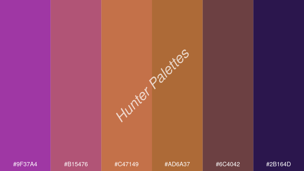 bronz szín palettája a következőkkel: #9f37a4 #b15476 #c47149 #ad6a37 #6c4042 #2b164d