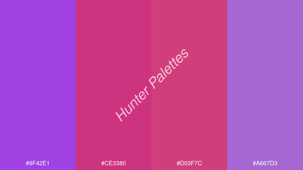 amarant szín palettája a következőkkel: #9f42e1 #ce3380 #d03f7c #a667d3