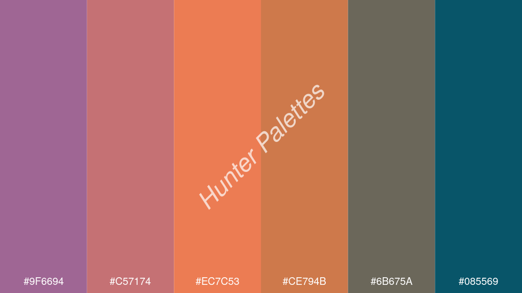 mangó szín palettája a következőkkel: #9f6694 #c57174 #ec7c53 #ce794b #6b675a #085569