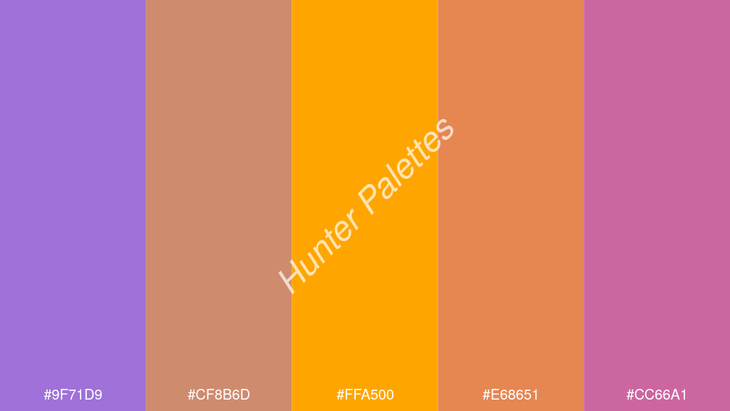 narancssárga szín palettája a következőkkel: #9f71d9 #cf8b6d #ffa500 #e68651 #cc66a1