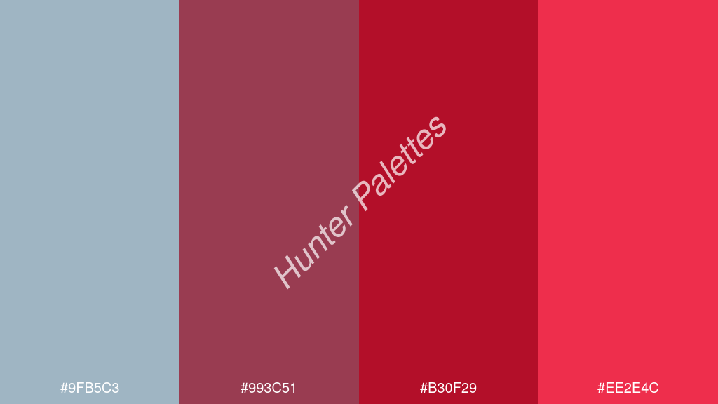 karmazsin szín palettája a következőkkel: #9fb5c3 #993c51 #b30f29 #ee2e4c