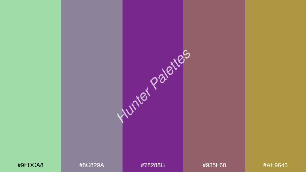 ibolya szín palettája a következőkkel: #9fdca8 #8c829a #78288c #935f68 #ae9643