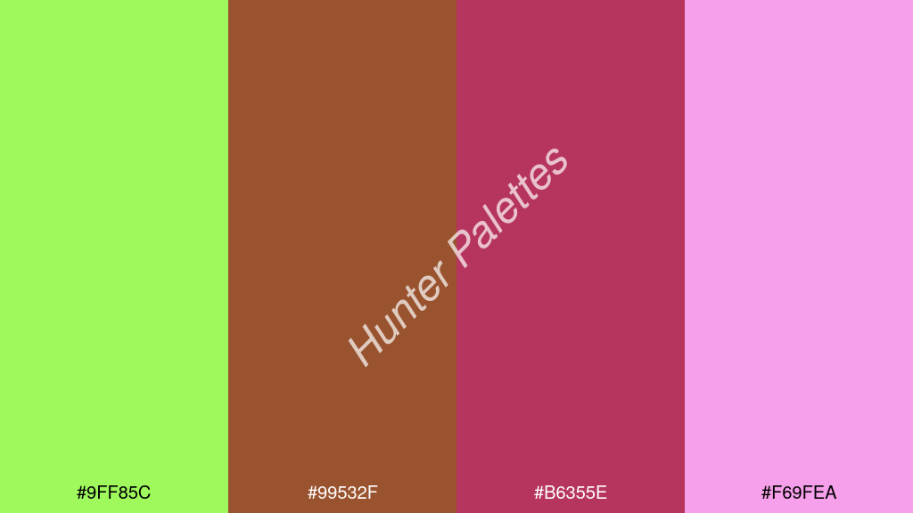 karmazsin szín palettája a következőkkel: #9ff85c #99532f #b6355e #f69fea