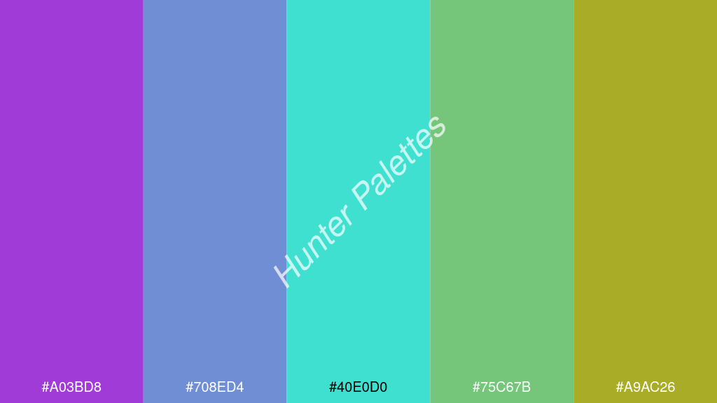 türkiz szín palettája a következőkkel: #a03bd8 #708ed4 #40e0d0 #75c67b #a9ac26