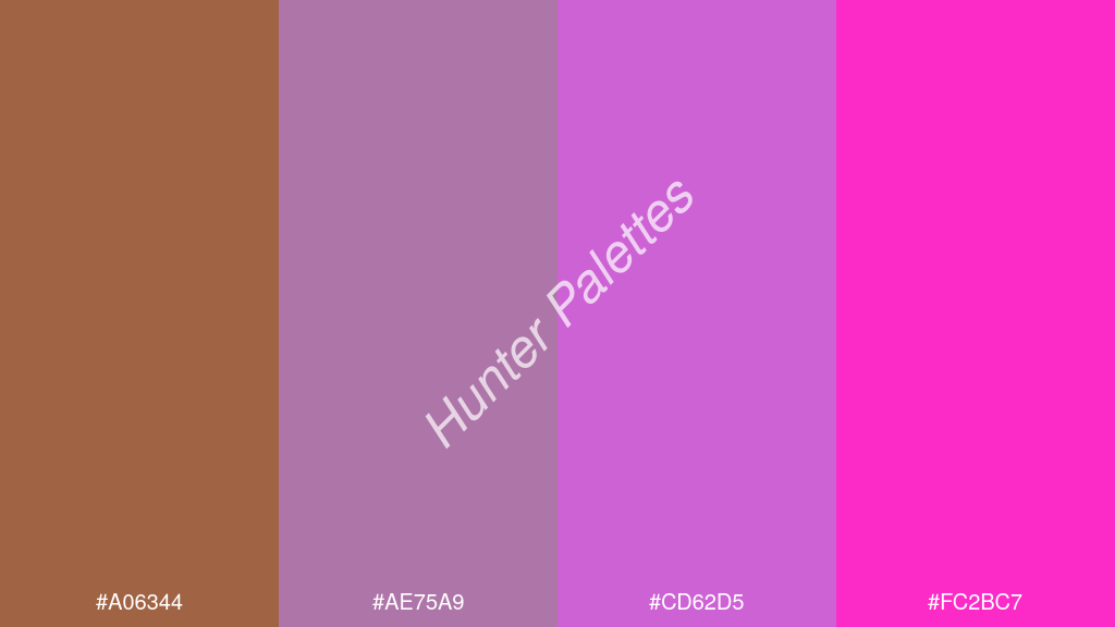 levendula szín palettája a következőkkel: #a06344 #ae75a9 #cd62d5 #fc2bc7