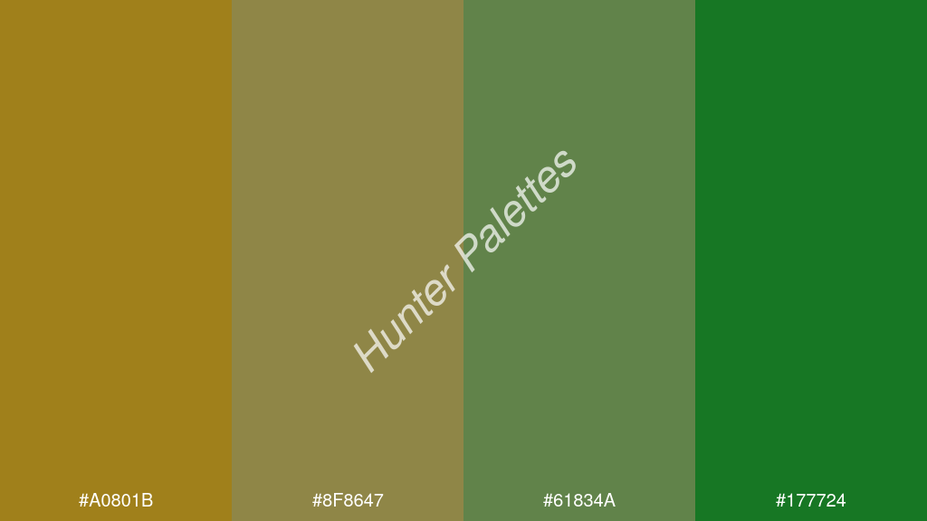 olívazöld szín palettája a következőkkel: #a0801b #8f8647 #61834a #177724