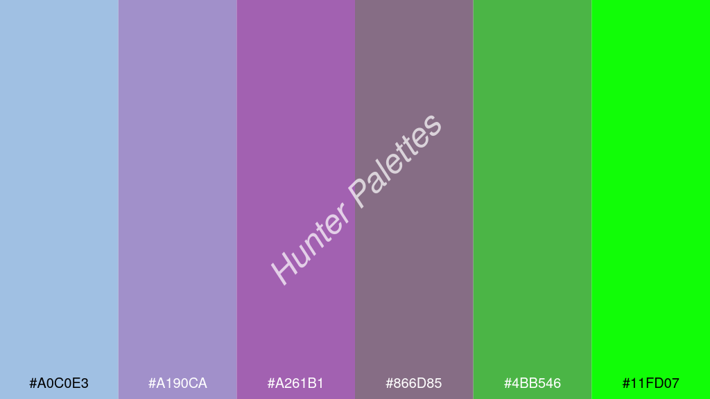 lila szín palettája a következőkkel: #a0c0e3 #a190ca #a261b1 #866d85 #4bb546 #11fd07