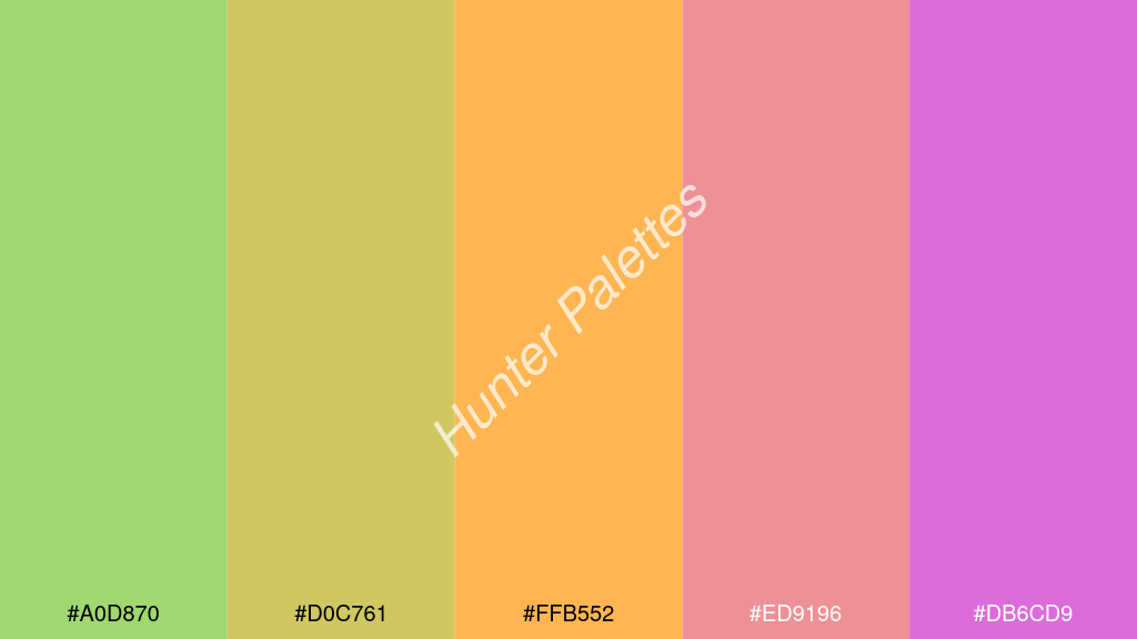 világos narancs szín palettája a következőkkel: #a0d870 #d0c761 #ffb552 #ed9196 #db6cd9