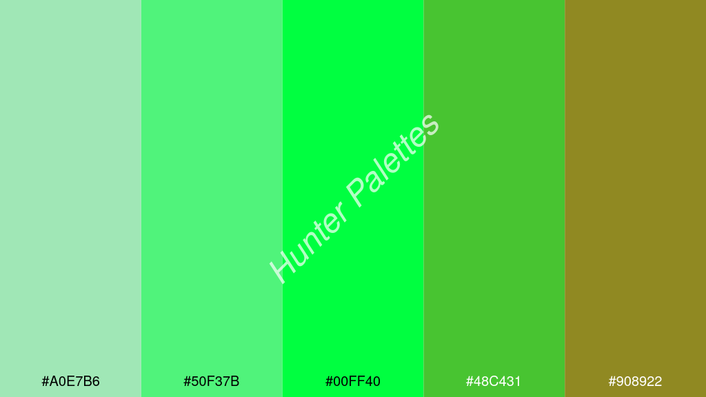 fluoreszkáló zöld szín palettája a következőkkel: #a0e7b6 #50f37b #00ff40 #48c431 #908922