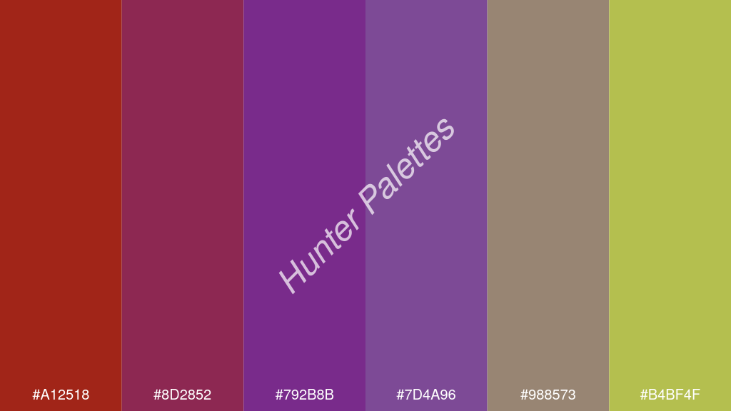 szőlő szín palettája a következőkkel: #a12518 #8d2852 #792b8b #7d4a96 #988573 #b4bf4f