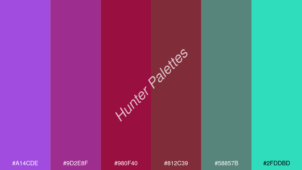 karmazsin szín palettája a következőkkel: #a14cde #9d2e8f #980f40 #812c39 #58857b #2fddbd