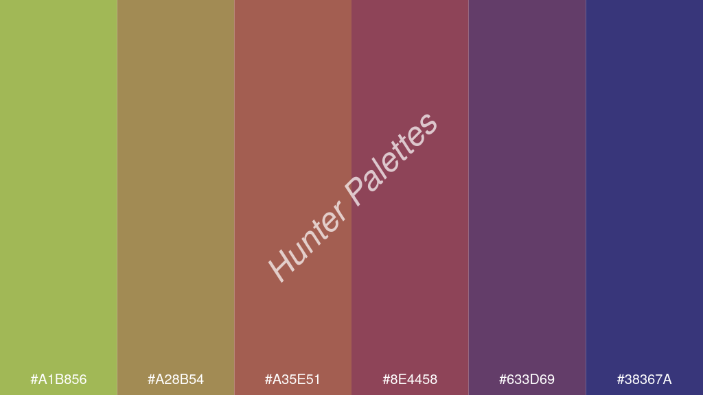 mahagóni szín palettája a következőkkel: #a1b856 #a28b54 #a35e51 #8e4458 #633d69 #38367a