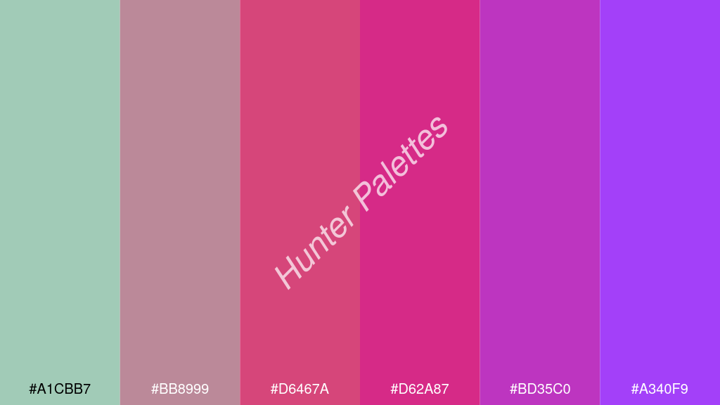 razzmatazz szín palettája a következőkkel: #a1cbb7 #bb8999 #d6467a #d62a87 #bd35c0 #a340f9