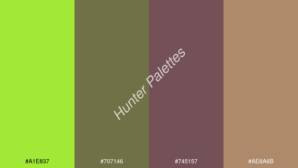 szilva szín palettája a következőkkel: #a1e837 #707146 #745157 #ae8a6b