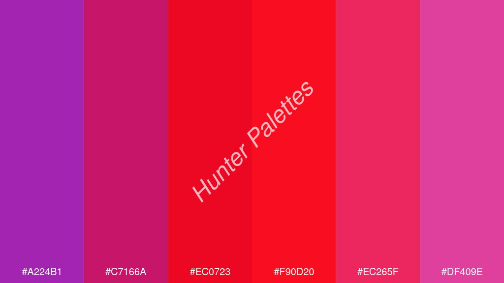 vörös szín palettája a következőkkel: #a224b1 #c7166a #ec0723 #f90d20 #ec265f #df409e