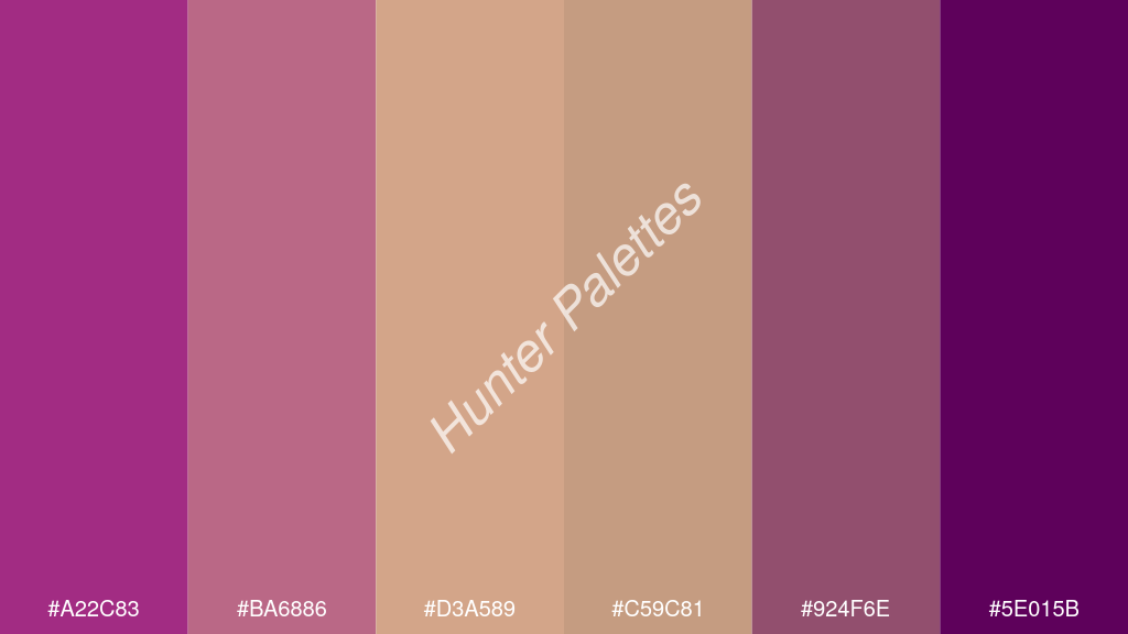 khaki szín palettája a következőkkel: #a22c83 #ba6886 #d3a589 #c59c81 #924f6e #5e015b