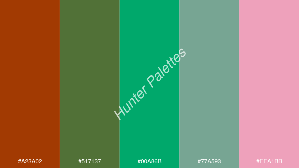 jáde szín palettája a következőkkel: #a23a02 #517137 #00a86b #77a593 #eea1bb