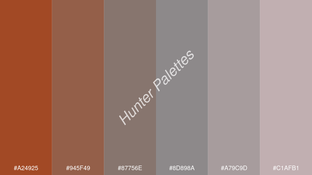 szürke szín palettája a következőkkel: #a24925 #945f49 #87756e #8d898a #a79c9d #c1afb1